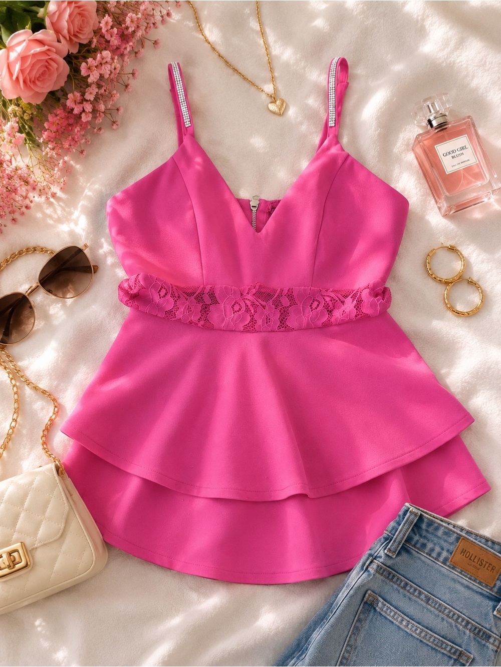 Rue21 Bright Pink Lace Cami Top Tiered Peplum V-Neck Boho Tank